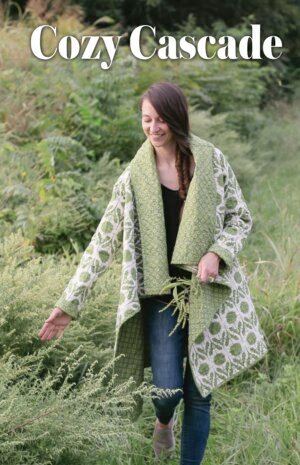Pattern cover for Cozy Cascade quilted cardigan pattern by Rachel Rossi. Features different angles of the finished coat in a green print.
