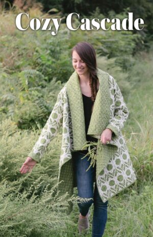 Pattern cover for Cozy Cascade quilted cardigan pattern by Rachel Rossi. Features different angles of the finished coat in a green print.