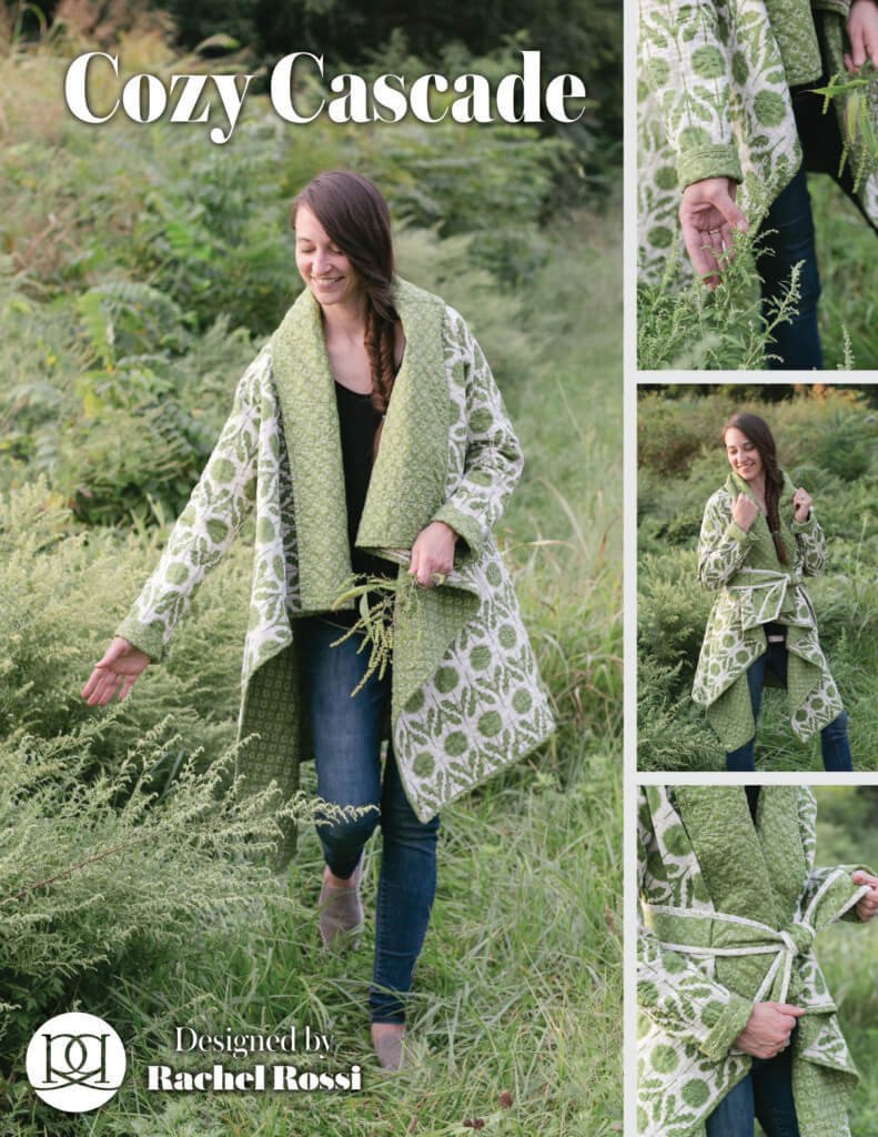 Pattern cover for Cozy Cascade quilted cardigan pattern by Rachel Rossi. Features different angles of the finished coat in a green print.